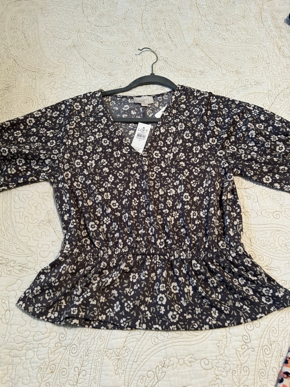LOFT Charcoal Gray Floral V-Neck Peplum Blouse. NWT